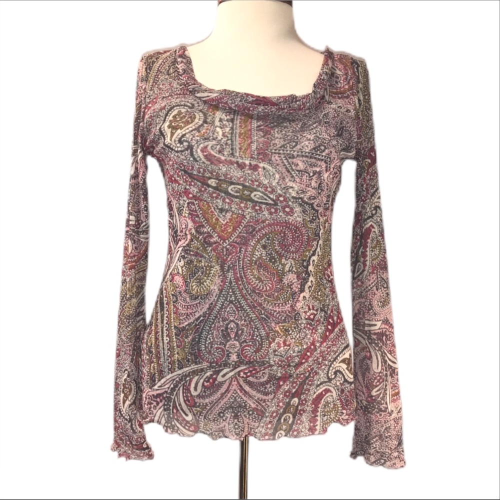 Karen Kane sheer paisley cowl ribboned sleeves